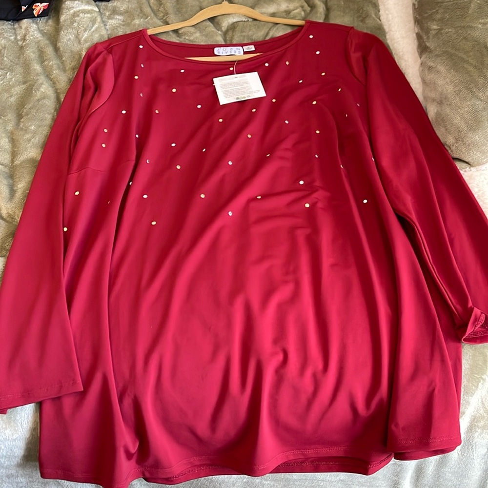 NWT. Joan Rivers red blouse with silver and gold stud detail. Woman’s size 1x